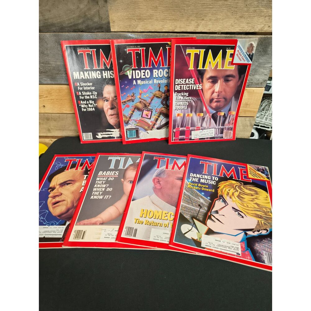 Lot of 7 VTG TIME Magazines 1983 (Pope, David Bowie, Ronald Reagan, AIDS)